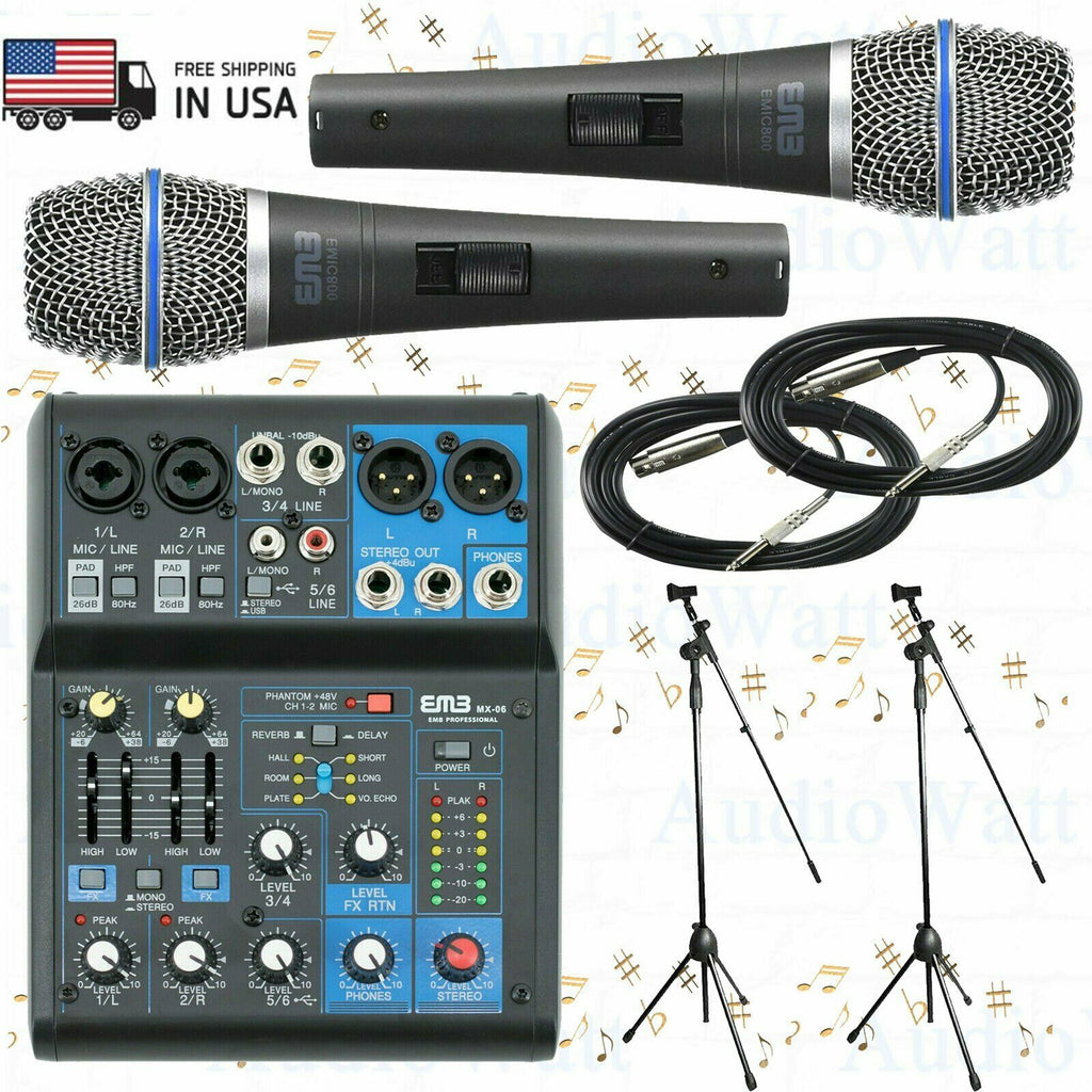 EMB PRO MX06 6 Channel Mixer + 2 EMIC800 Dynamic Microphone + 2 Microphone Stand - Sellabi