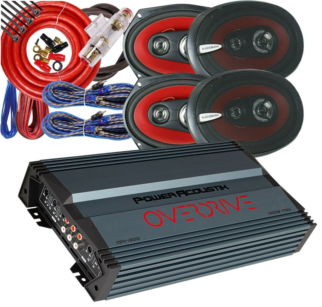 Power Acoustik OD4-1800 Amplifier + Audiobank AB-6970 6x9" Speakers + 4Ch Kit - Sellabi