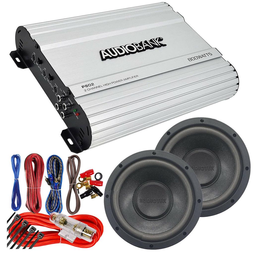 Audiobank P802 2 Ch 800W Amp + 2x Audiotek K708 8" 1200W Subs + 8 GA Amp Kit - Sellabi