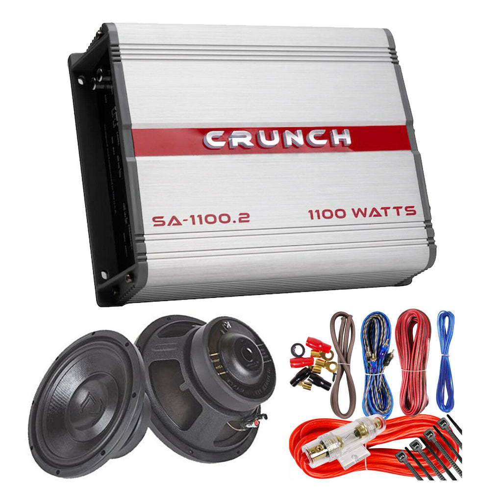 Crunch SA-1100.2 1100W 2-Ch Amplifier + 2x Subwoofers 1000W 10" + 8 Ga Amp Kit - Sellabi