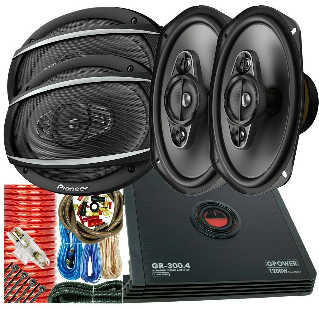 4X Pioneer TS-A6977S 6x9" 4-Way Speaker + Gravity GR300.4 1200W Amp + 4 CH Kit - Sellabi