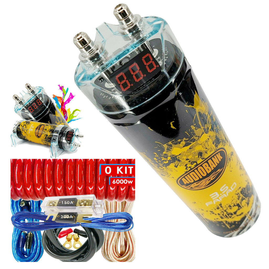 PRO 3.5 Farad Capacitor Car Audio 3500 Watts Power 12V Display + 0 Gauge amp KIT - Sellabi