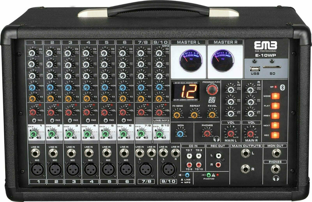 EMB 10P 600W 10 Channel Power Mixer Console w/ DSP Effects, Bluetooth, Record - Sellabi