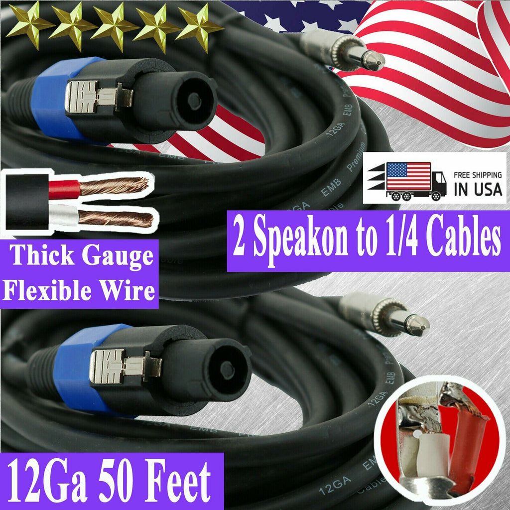 2X SPEAKON WIRE 50 FT 12 GAUGE SPEAKON TO 1/4 - TRUE AWG PA DJ/ PRO AUDIO CABLE - Sellabi