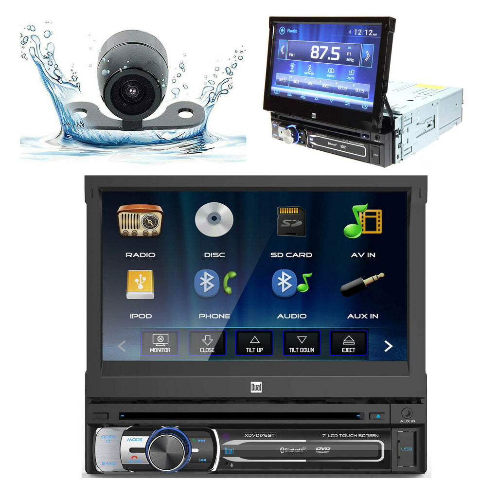 Dual XDVD176BT 7" Bluetooth 1-Din DVD Receiver Motorized Touchscreen + CAM-20C - Sellabi