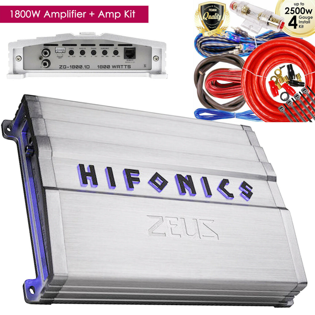 Hifonics Zeus ZG-1800.1D 1800W Mono Class D Car Audio Amplifier+ 4 Gauge Amp Kit - Sellabi