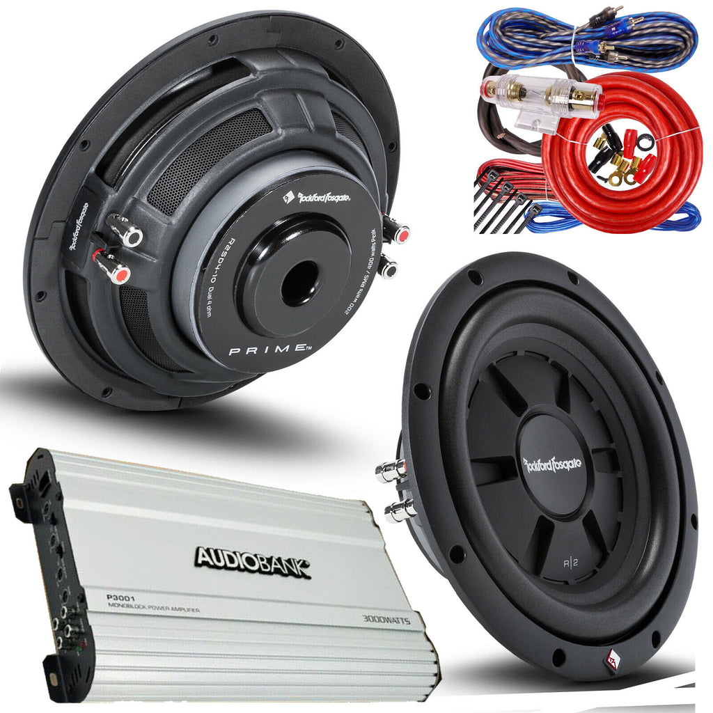 2x Rockford Fosgate R2SD4-10 10" 400W Subwoofers + P3001 Amplifier 3000W + Kit - Sellabi