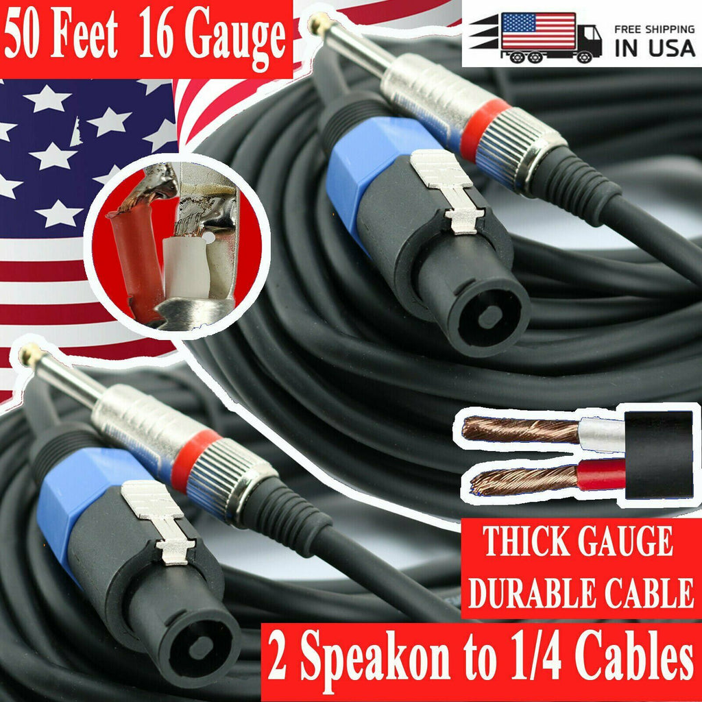 2X PA DJ/ PRO AUDIO WIRE TRUE AWG SPEAKER CABLE SPEAKON TO 1/4 - 16 GAUGE 50 FT - Sellabi