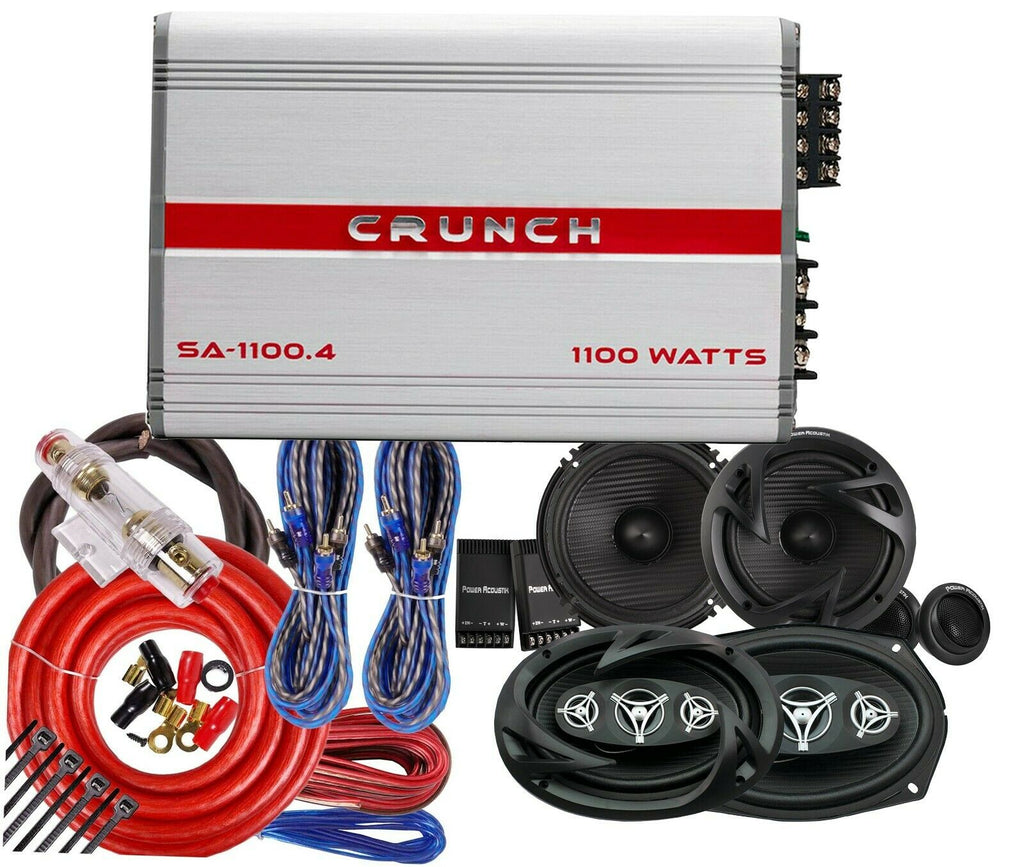 4x Power Acoustik EF-60C & EF-694 Speakers + Crunch SA-1100.4 Amp + 4CH Amp Kit - Sellabi