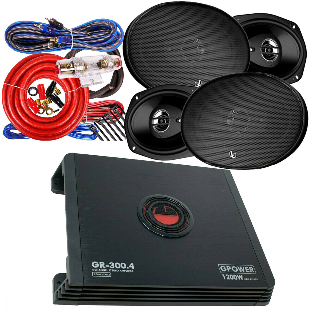 4x Infinity Alpha 6930 6"x9" 980W Speakers + Gravity GR300.4 1200W Amp + Amp Kit - Sellabi