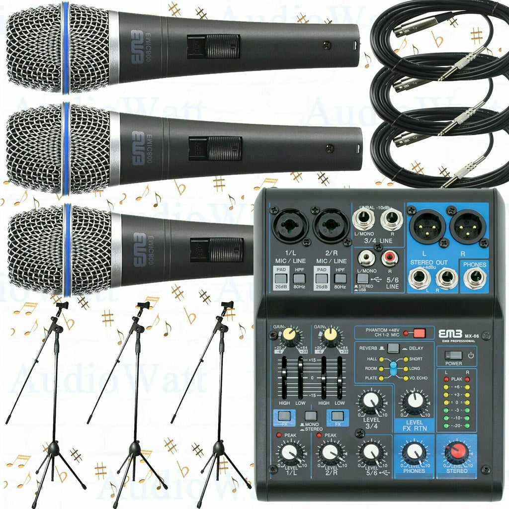 EMB PRO MX06 6 Channel Mixer + 3 EMIC800 Dynamic Microphone + 3 Microphone Stand - Sellabi