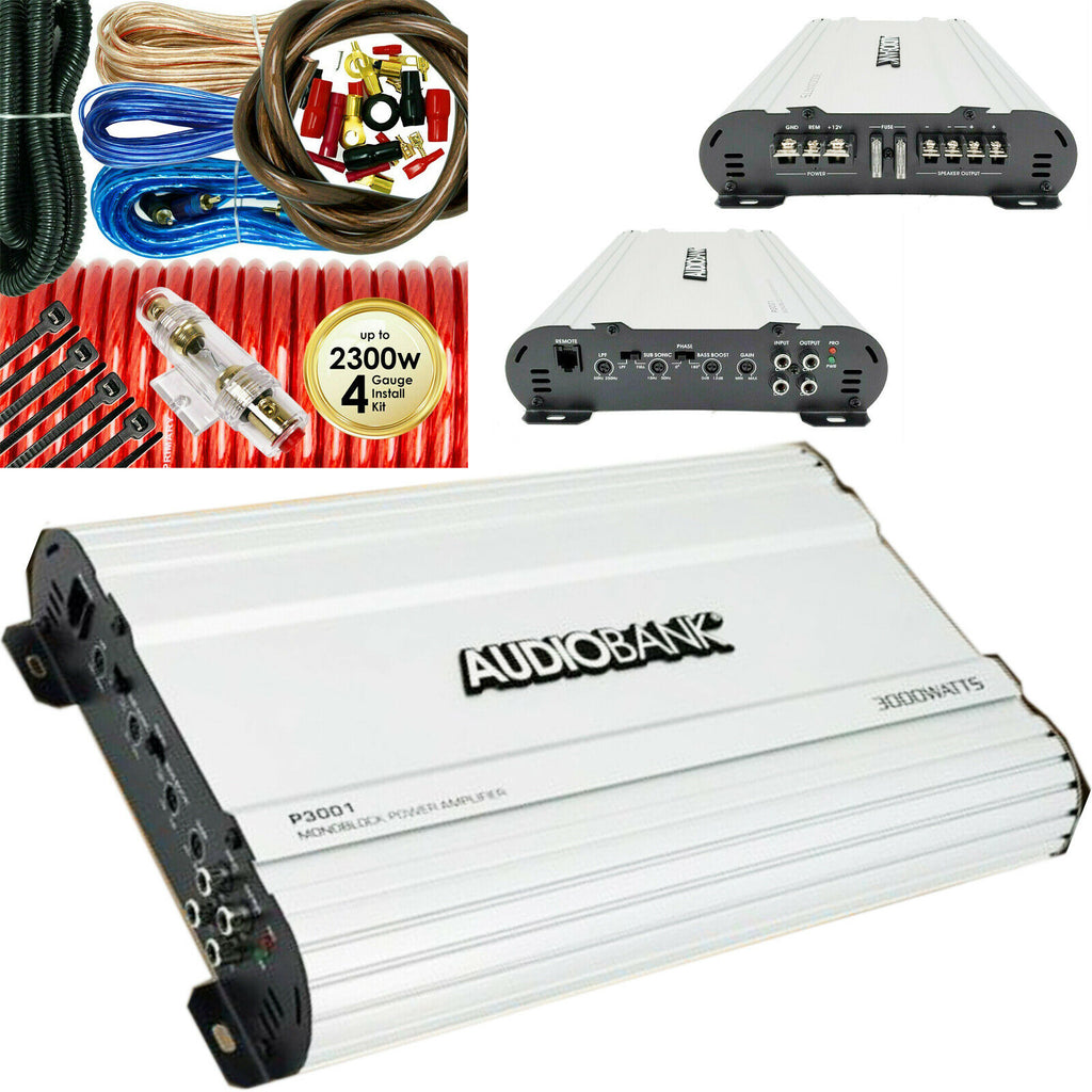 Audiobank P3001 Monoblock 3000 WATTS Amp Class AB Car Audio + 4 Gauge Amp Kit - Sellabi