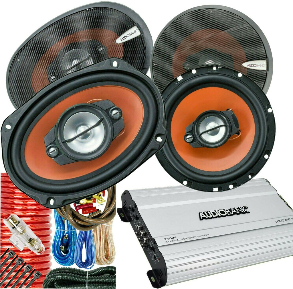 Audiobank P1004 Amp + 2x AB-790 6x9" & 2x AB-674 6.5" Speakers + 4GA Amp Kit - Sellabi