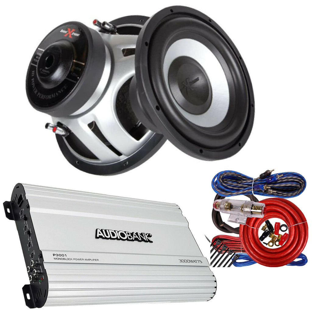 2x Soundxtreme ST-1252 2600W Subwoofers + Audiobank P3001 3000W Amp + 4 Ga Kit - Sellabi