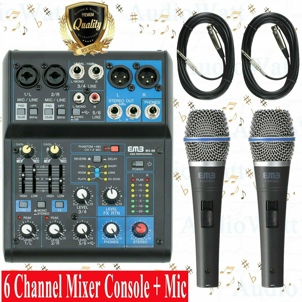 EMB Pro MX06 6 Channel Mixer Console DSP Digital Effect + 2 EMIC800 Microphone - Sellabi