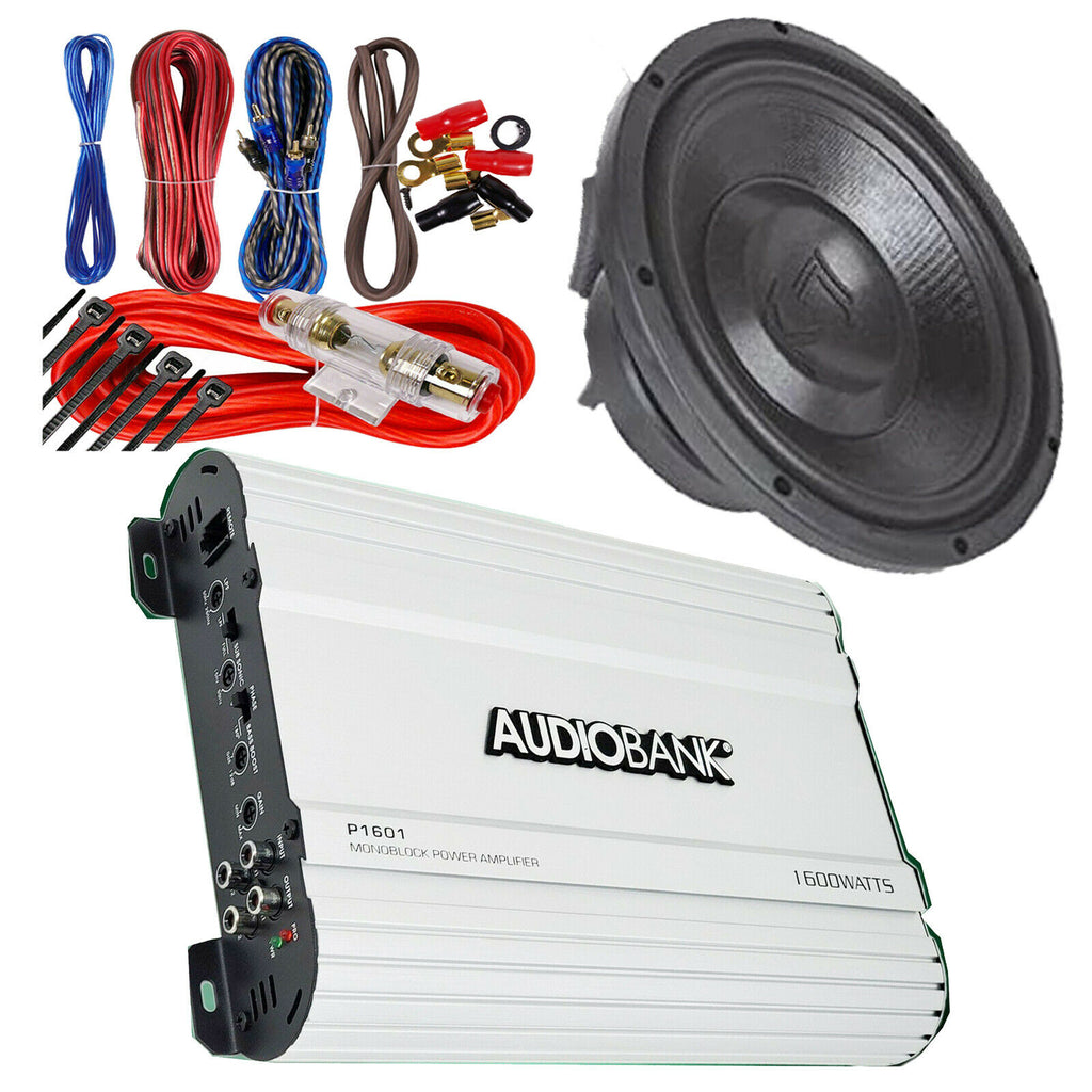 Audiobank P1601 1600W 1 Ch Amp + 1x Audiotek K710 10" 1000W Subs + 8 Gauge Kit - Sellabi