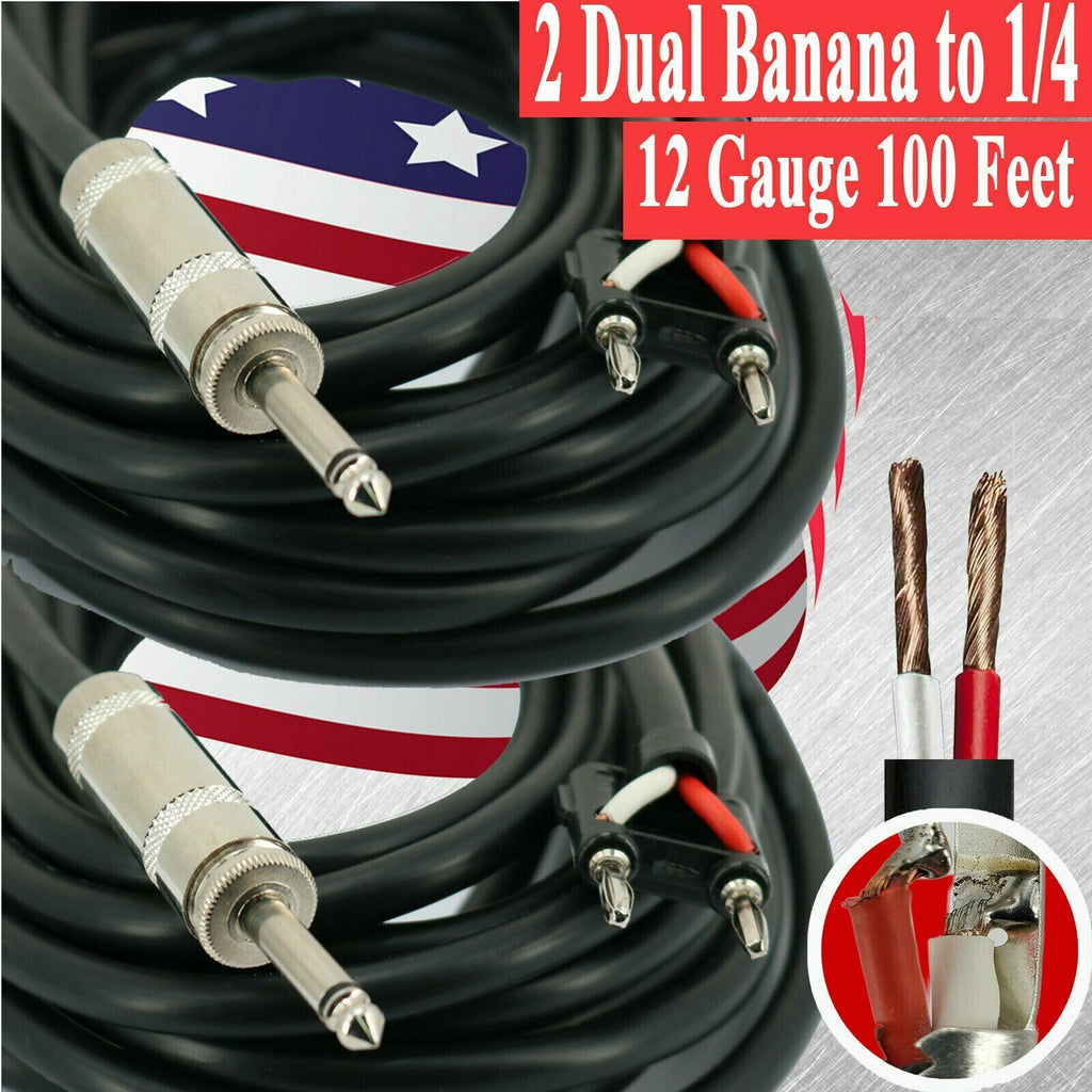 2x Dual Banana to 1/4 - 12 Gauge 100 Feet Premium DJ Pro True PA Speaker Cables - Sellabi