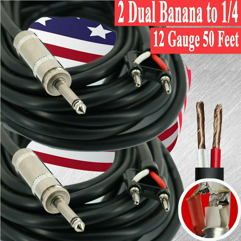 2x Dual Banana to 1/4 - 12 Gauge 50 Ft Premium DJ PA Pro True PA Speaker Cables - Sellabi