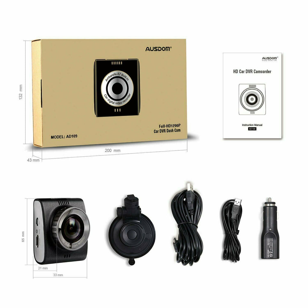 AUSDOM AD109 Dashboard Camera Recorder DVR 180 Degree Wide Angle Lens - Sellabi