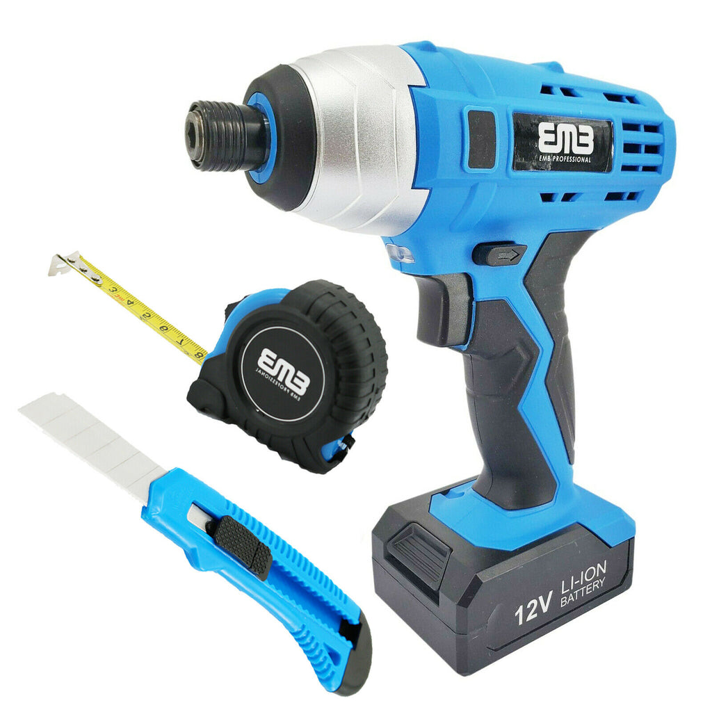 12V Brushed Cordless Impact Drill Driver + Tape 10" Long + Utility Box Cutter - Sellabi