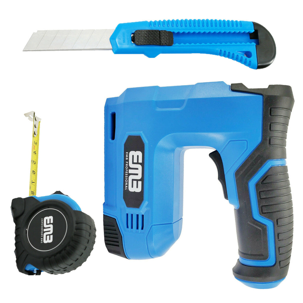 EMB Cordless Staple Gun 4V Power Nailer + Tape 10 Feet Long + Utility Box Cutter - Sellabi