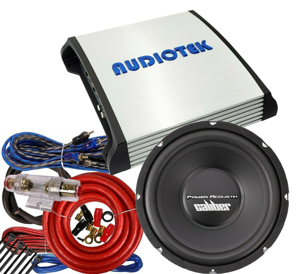 1x Power Acoustik CBW-124 Subwoofer + Audiotek AT-1600M Amplifier + 4 Ga Amp Kit - Sellabi