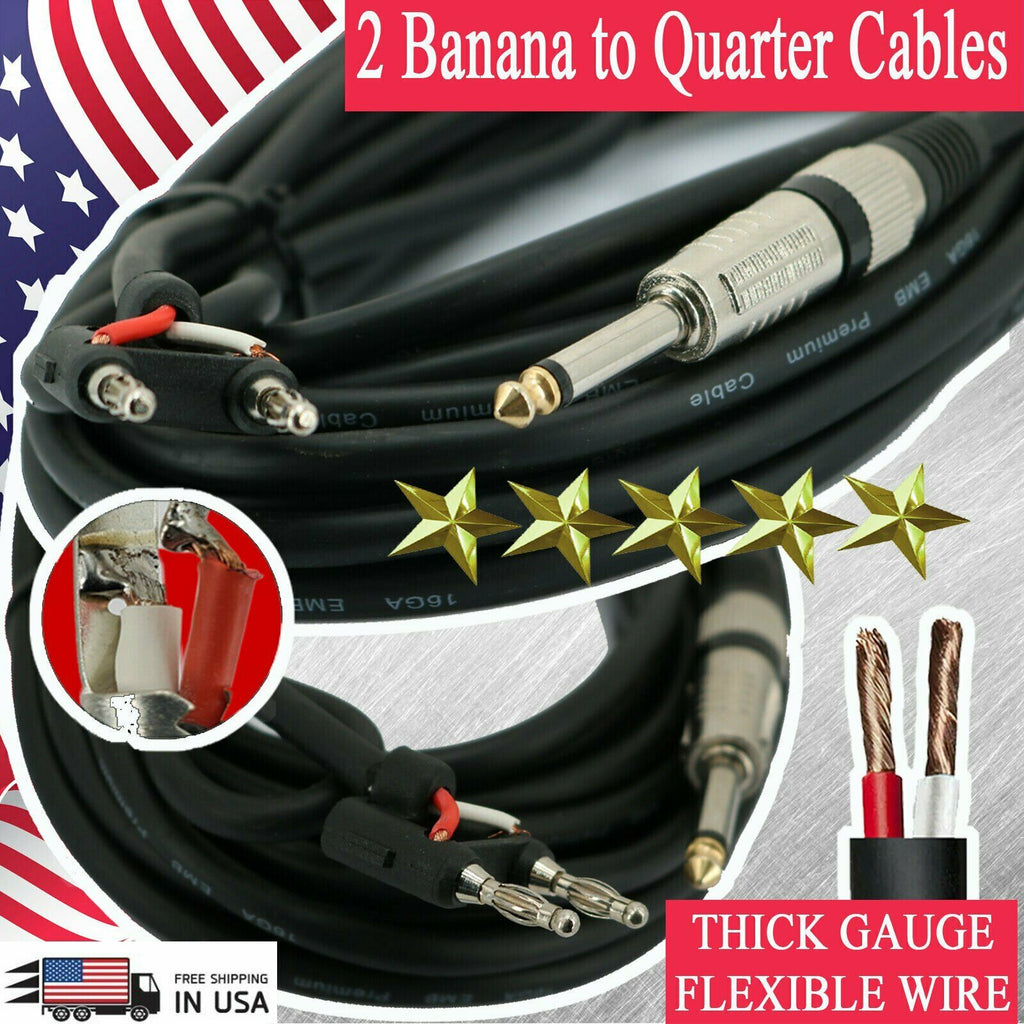 2x PREMIUM DJ / PA PRO TRUE SPEAKER CABLE WIRE BANANA TO QUARTER- 16 GAUGE 25 FT - Sellabi