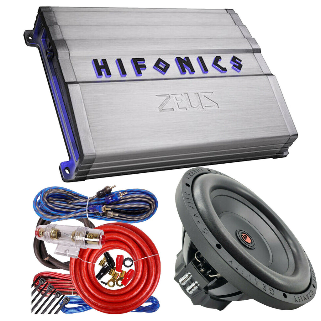 Hifonics ZG-1800.1D 1800W Amp + 1x Gravity G5-12D4 12" Subwoofer + 4 Ga Amp Kit - Sellabi