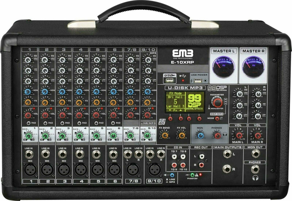 EMB PX2 1000W 10 Channel Power Mixer Console w/ DSP Effects, Bluetooth, Record - Sellabi