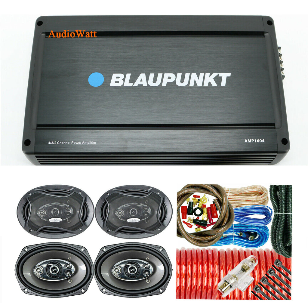 BLAUPUNKT AMP1604 4 CH 1600W AMP + 4x SPEAKERS 6"x9" 1400W + 4 GA AMP KIT - Sellabi