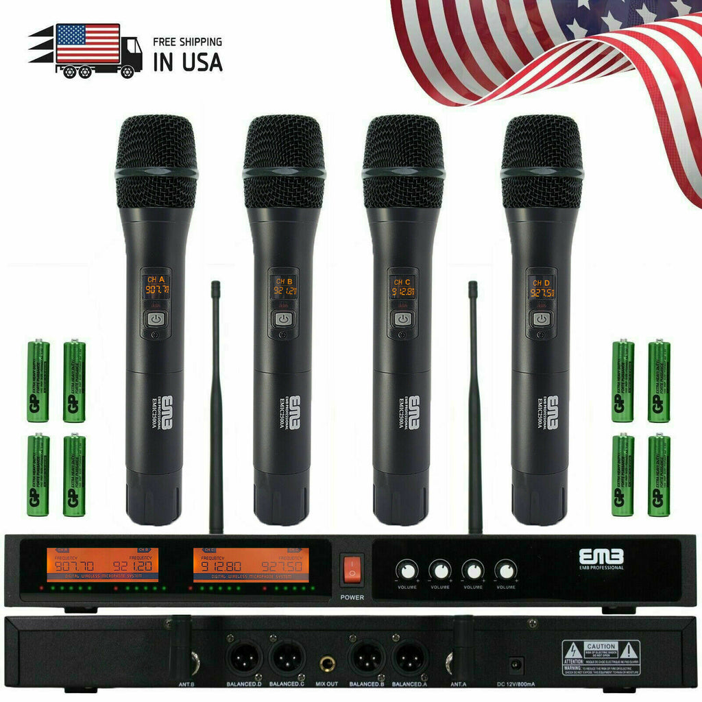 EMIC2500 Audio 4 Channel Quad UHF Handheld Wireless Microphone System Mic 6-8 Hr - Sellabi