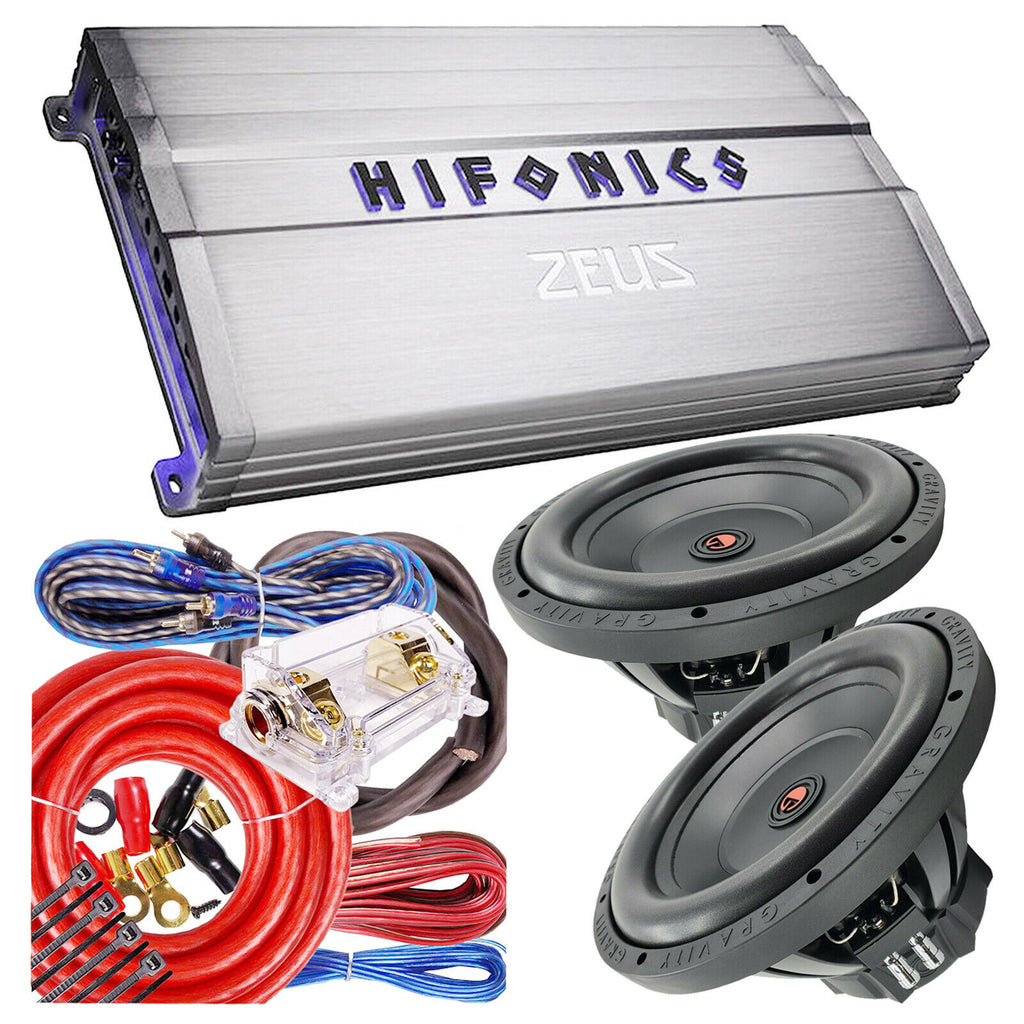 Hifonics ZG-3200.1D 3200W Amp + 2x Gravity G5-12D4 12" Car Subs + 0 Ga Amp Kit - Sellabi