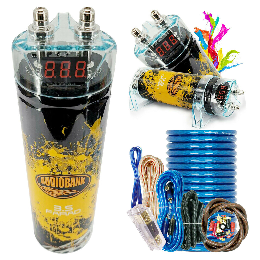 PRO 3.5 Farad Capacitor Car Audio 3500 Watts Power 12V Display + 4 Gauge amp KIT - Sellabi