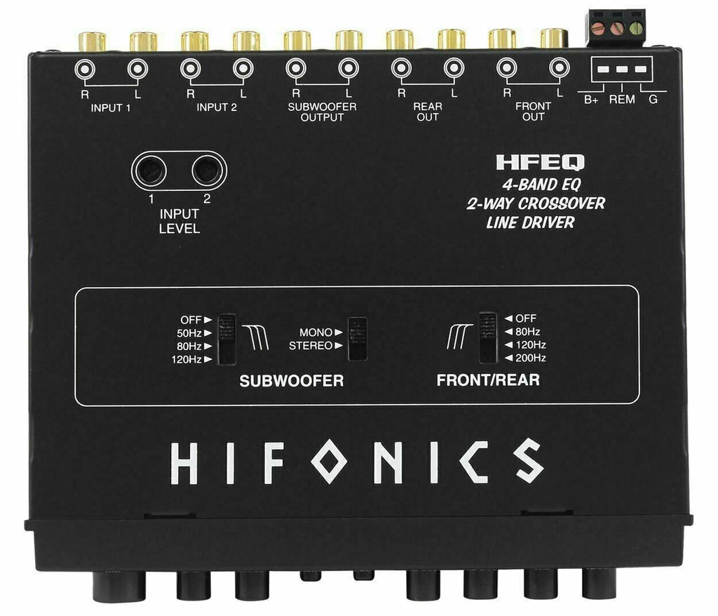 HIFONICS HFEQ 4-BAND EQ 9V 1/2 DIN LINE-DRIVER MULTIPLE SOURCE SIGNAL PROCESSOR - Sellabi
