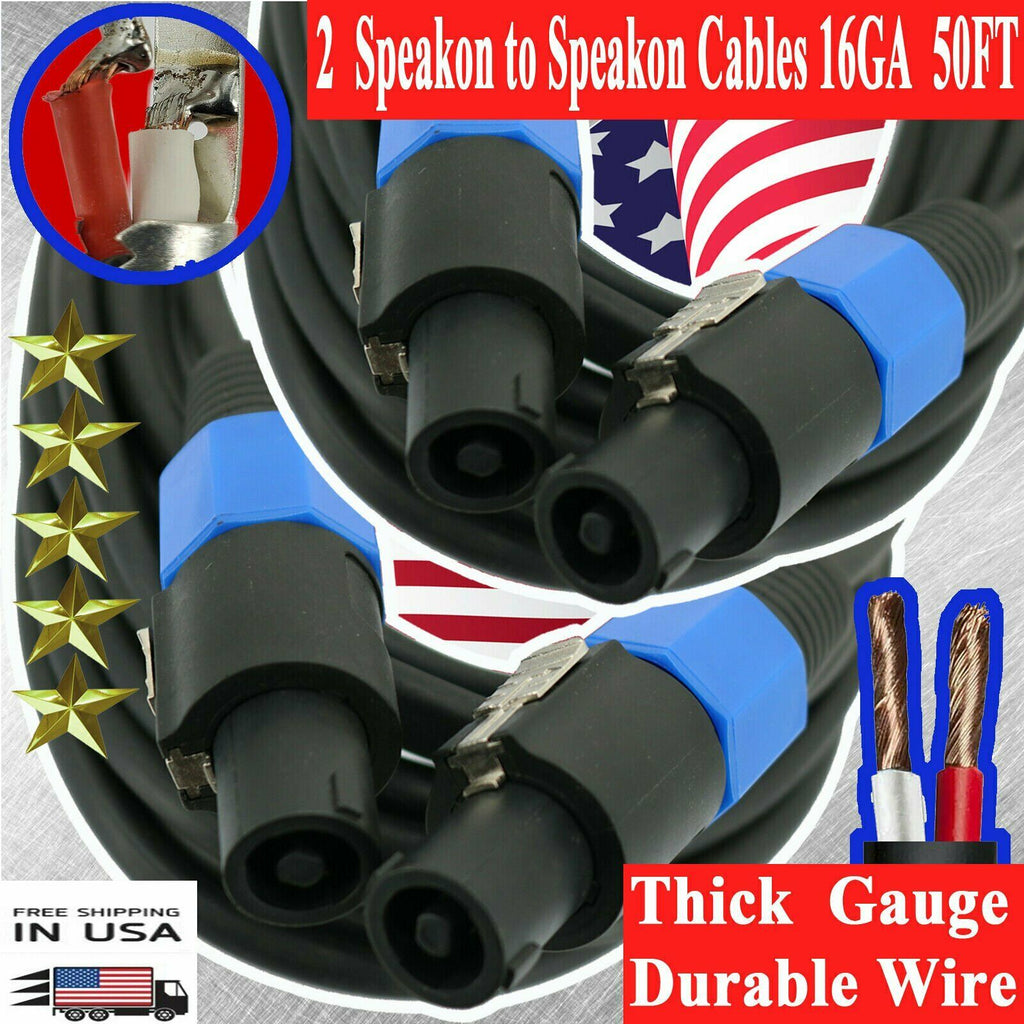 2X PREMIUM DJ/ PRO TRUE AUDIO PA SPEAKER CABLE SPEAKON TO SPEAKON 16 GAUGE 50 FT - Sellabi