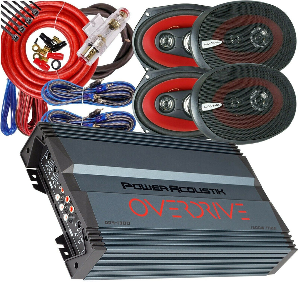 Power Acoustik OD4-1300 Amplifier + Audiobank AB-6970 6x9" Speakers + 4Ch Kit - Sellabi