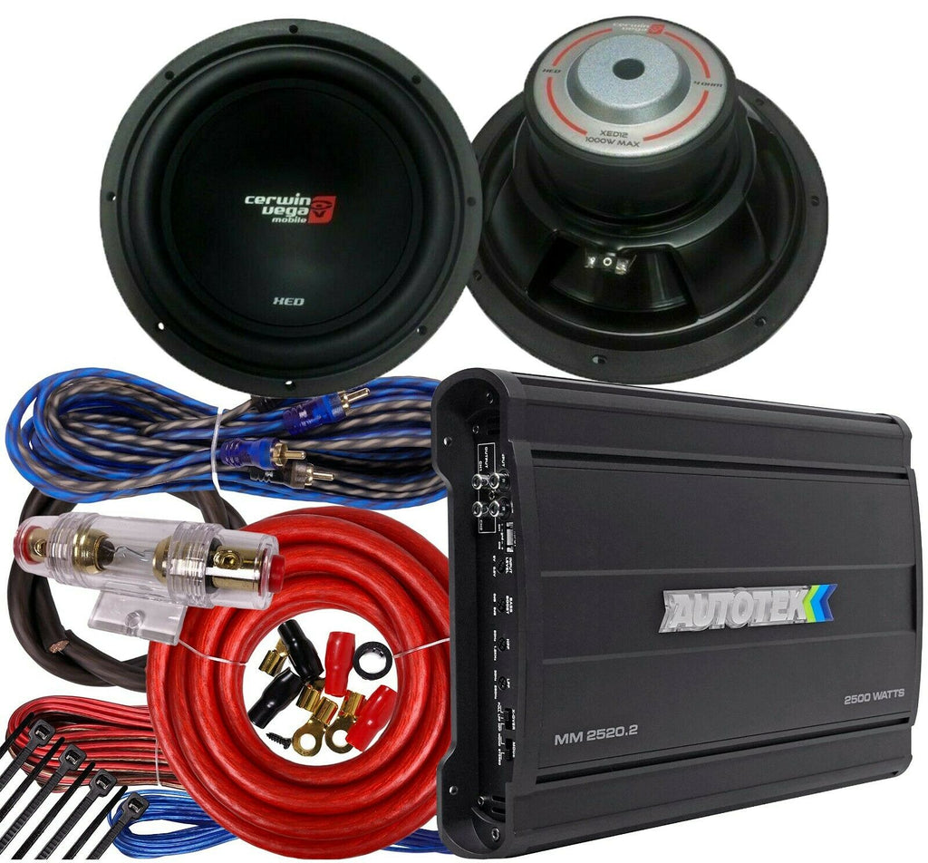 Autotek MM2520.2 2500W Amplifier +2x CERWIN-VEGA XED12 12" Shallow Sub + Amp Kit - Sellabi