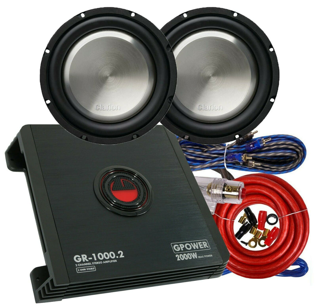 2x Clarion WF2520D 2000W 10" Subwoofer + Gravity GR1000.2 2000W Amplifier + Kit - Sellabi