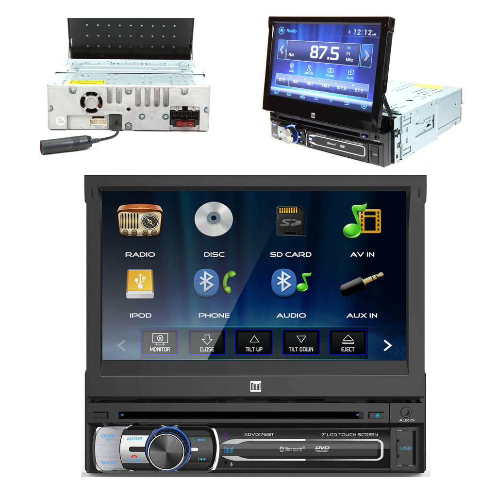 Dual XDVD176BT 7" Bluetooth 1-Din DVD Receiver Motorized Touchscreen + CAM-20C - Sellabi