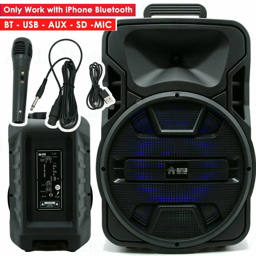 12" EMB 1200 Watts Portable Powered DJ Speaker Works iPhone Bluetooth AUX USB SD - Sellabi